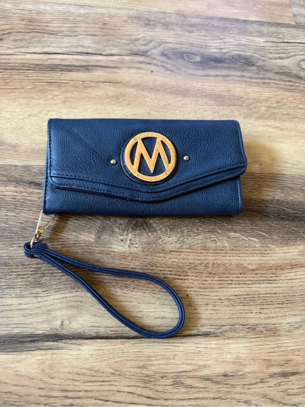 Wristlet Clutch Wallet in Navy with Gold Emblem